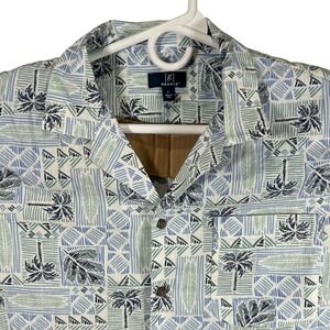 George Mens Blue Textured Palm Camp Shirt Short Sleeve Linen Blend Large NEW
